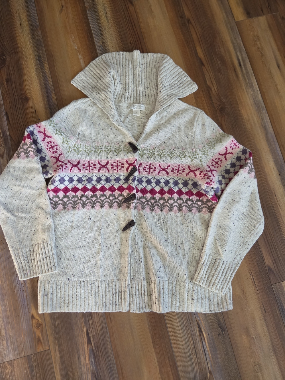 Christopher & Banks Cream Fair Isle Toggle Cardigan with Pink & Purple Accents